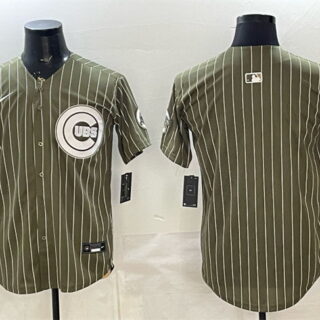 Men's Chicago Cubs Blank Pinstripe Olive 2026 Armed Forces Day Salute To Service Stitched Baseball Jersey