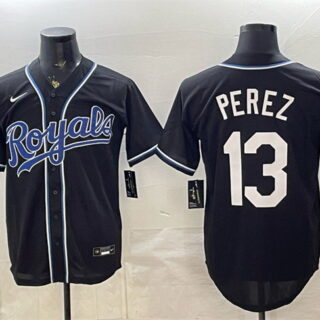 Men's Kansas City Royals #13 Salvador Perez Black 2026 Fashion Replica Black Out Stitched Baseball Jersey