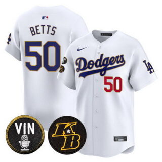 Men's Los Angeles Dodgers #50 Mookie Betts White 2026 Vin & Kobe Patch Gold Trim Vapor Premier Limited Stitched Baseball Jersey