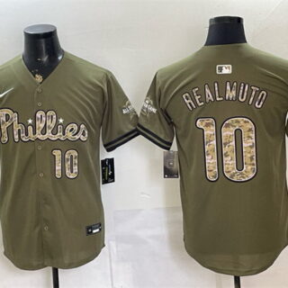 Men's Philadelphia Phillies #10 J.T. Realmuto Olive 2026 Armed Forces Day Stitched Baseball Jersey