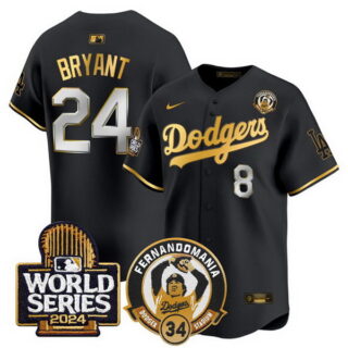 Men's Los Angeles Dodgers Front #8 Back #24 Kobe Bryant Black Gold Fernando Valenzuela & 2024 World Series Patch Limited Stitched Baseball Jersey
