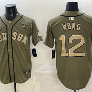 Men's Boston Red Sox #12 Connor Wong Olive Armed Forces Day Cool Base Stitched Baseball Jersey
