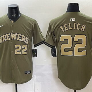 Men's Milwaukee Brewers #22 Christian Yelich Olive 2026 Armed Forces Day Stitched Baseball Jersey