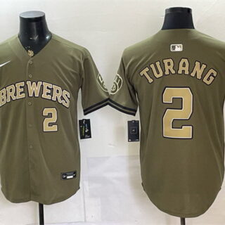 Men's Milwaukee Brewers #2 Brice Turang Olive 2026 Armed Forces Day Stitched Baseball Jersey