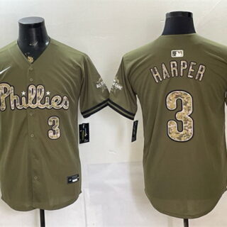 Men's Philadelphia Phillies #3 Bryce Harper Olive 2026 Armed Forces Day Stitched Baseball Jersey