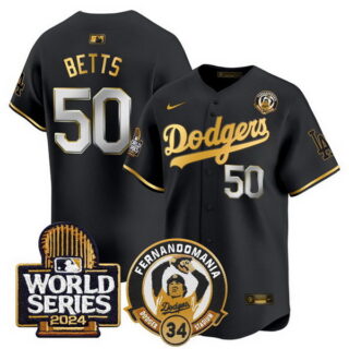 Men's Los Angeles Dodgers #50 Mookie Betts Black Gold Fernando Valenzuela & 2024 World Series Patch Limited Stitched Baseball Jersey