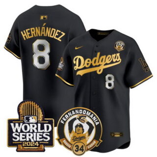 Men's Los Angeles Dodgers #8 Enrique Hernandez Black Gold Fernando Valenzuela & 2024 World Series Patch Limited Stitched Baseball Jersey