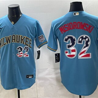 Men's Milwaukee Brewers #32 Jacob Misiorowski Blue 2026 USA 250 Fourth of July Home Stadium Stitched Baseball Jersey