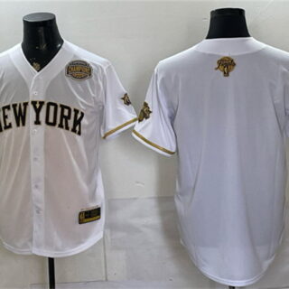 Men's New York Knicks Blank White Gold 2026 Finals & Eastern Conference Champions Stitched Baseball Jersey