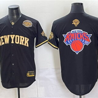 Men's New York Knicks Team Big Logo Black Gold 2026 Finals & Eastern Conference Champions Stitched Baseball Jersey