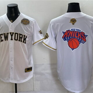 Men's New York Knicks Team Big Logo White Gold 2026 Finals & Eastern Conference Champions Stitched Baseball Jersey