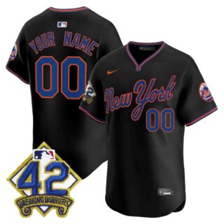 Custom Men's New York Mets 2025 Jackie Robinson Patch Road Alternate Jersey All Stitched Black