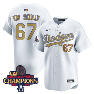Los Angeles Dodgers Gold 2025 White Gold Vin Scully #67 Jersey All Stitched