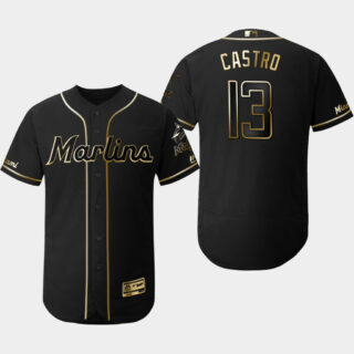 Marlins 13 Starlin Castro Black Gold Flexbase Jersey
