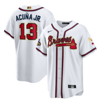 Men's Atlanta Braves #13 Ronald Acuna Jr. 2022 White Gold World Series Champions Program Cool Base Stitched Baseball Jersey