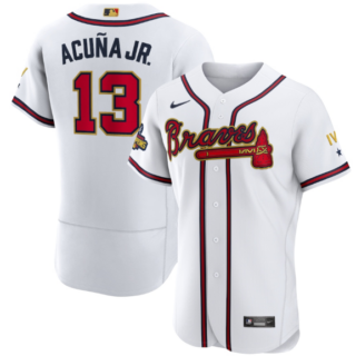 Men's Atlanta Braves #13 Ronald Acuna Jr. 2022 White Gold World Series Champions Program Flex Base Stitched Baseball Jersey