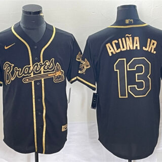 Men's Atlanta Braves #13 Ronald Acuna Jr. Black Gold Cool Base Stitched Baseball Jersey