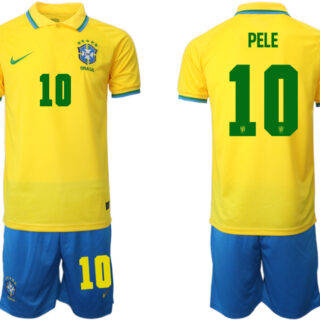 Men's Brazil #10 Pele Yellow Home Soccer Jersey Suit