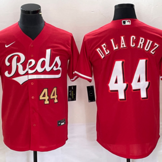 Men's Cincinnati Reds #44 Elly De La Cruz Number Red Cool Base Stitched Baseball Jersey