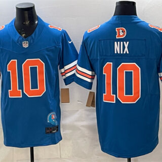 Men's Denver Broncos #10 Bo Nix Blue F.U.S.E. With Patch Throwback Vapor Limited Stitched Football Jersey