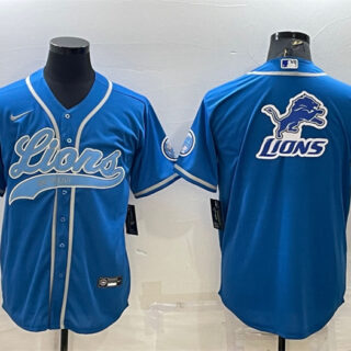 Men's Detroit Lions Blue Team Big Logo With Patch Cool Base Stitched Baseball Jersey