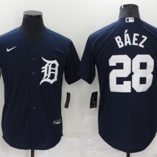 Men's Detroit Tigers #28 Javier Baez Navy Cool Base Stitched Jersey