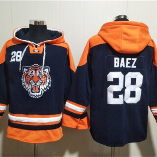 Men's Detroit Tigers #28 Javier Baez Navy Lace-Up Pullover Hoodie
