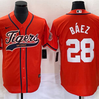 Men's Detroit Tigers #28 Javier Baez Orange Cool Base Stitched Baseball Jersey