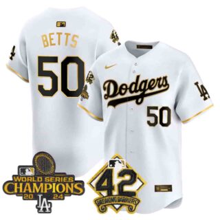 Men's Dodgers 2024 World Series Champions & Jackie Robinson Patch Vapor Premier Limited Jersey All Stitched Mookie Betts #50