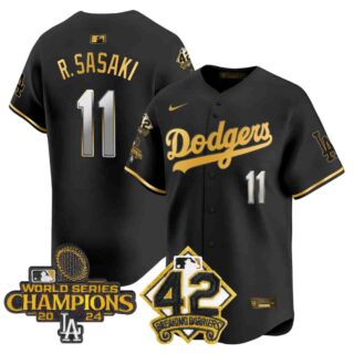 Men's Dodgers 2024 World Series Champions & Jackie Robinson Patch Vapor Premier Limited Jersey All Stitched Roki Sasaki #11