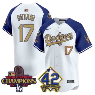 Men's Dodgers 2024 World Series Champions & Jackie Robinson Patch Vapor Premier Limited Jersey All Stitched Shohei Ohtani #17