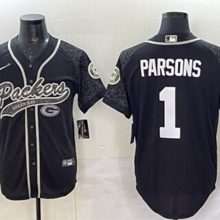 Men's Green Bay Packers #1 Micah Parsons Black Reflective With Patch Cool Base Stitched Baseball Jersey