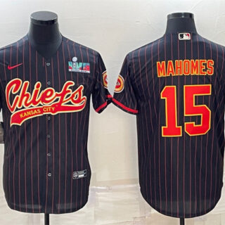 Men's Kansas City Chiefs #15 Patrick Mahomes Black With Super Bowl LVII Patch Cool Base Stitched Baseball Jersey