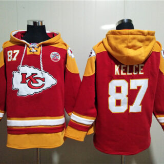 Men's Kansas City Chiefs #87 Travis Kelce Red Lace-Up Pullover Hoodie