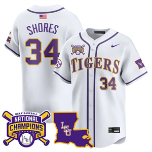 Men's LSU Tigers #34 Chase Shores 2025 World Series Champions Limited Jersey All Stitched