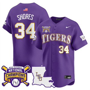 Men's LSU Tigers #34 Chase Shores 2025 World Series Champions Limited Jersey All Stitched