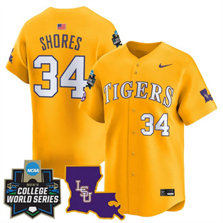 Men's LSU Tigers #34 Chase Shores 2025 World Series Vapor Premier Limited Jersey All Stitched