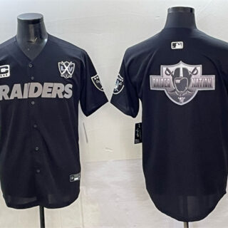 Men's Las Vegas Raiders Team Big Logo Black With Nevada Silver Stat Patch And 65th Anniversary Patch 3-Star C Patch Stitched Baseball Jersey