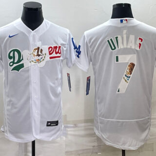 Men's Los Angeles Dodgers #7 Julio Urias White With Vin Scully Patch Flex Base Stitched Baseball Jerseys 1