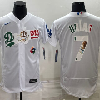 Men's Los Angeles Dodgers #7 Julio Urias White With Vin Scully Patch Flex Base Stitched Baseball Jerseys