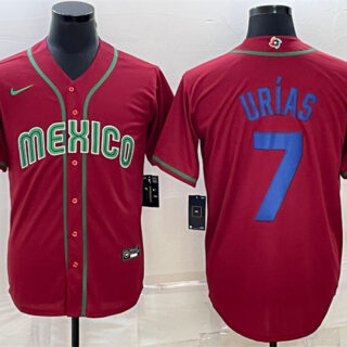 Men's Mexico Baseball #7 Julio Urias 2023 Red Blue World Baseball Classic Replica Stitched Jersey