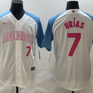 Men's Mexico Baseball #7 Julio Urias 2023 White Blue World Baseball Classic Stitched Jersey
