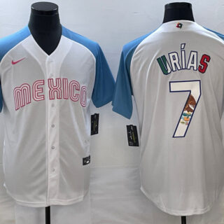 Men's Mexico Baseball #7 Julio Urias 2023 White Blue World Baseball Classic Stitched Jersey