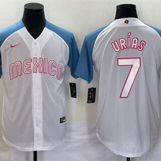 Men's Mexico Baseball #7 Julio Urias 2023 White Blue World Baseball Classic Stitched Jersey