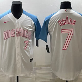 Men's Mexico Baseball #7 Julio Urias 2023 White Blue World Baseball Classic Stitched Jerseys