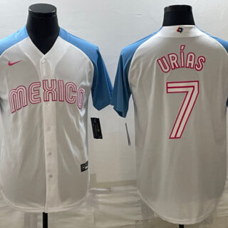 Men's Mexico Baseball #7 Julio Urias 2023 White Blue World Baseball Classic Stitched Jerseys 1
