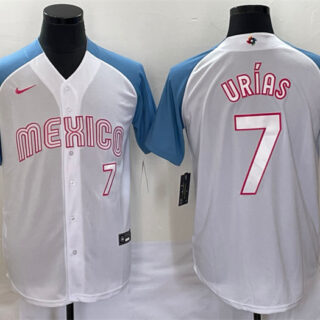 Men's Mexico Baseball #7 Julio Urias 2023 White Blue World Baseball Classic Stitched Jerseys