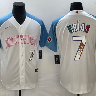 Men's Mexico Baseball #7 Julio Urias 2023 White Blue World Baseball Classic With Patch Stitched Jersey