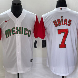 Men's Mexico Baseball #7 Julio Urias 2023 White Red World Baseball With Patch Classic Stitched Jersey 1