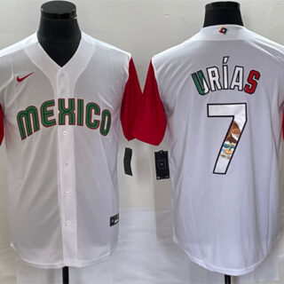 Men's Mexico Baseball #7 Julio Urias 2023 White Red World Baseball With Patch Classic Stitched Jersey 2